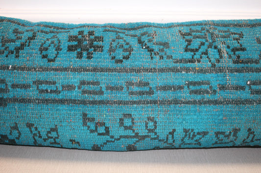 Vintage Turkish Rug Lumbar Pillow, Turquoise Kilim Bench Cushion, Long Boho Bolster,Teal BlueSofa