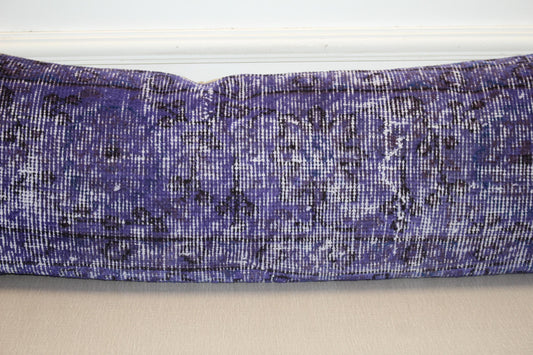 Vintage Turkish Rug Lumbar Pillow, Purple Kilim Bench Cushion, Long Boho Bolster, Indigo Lavender