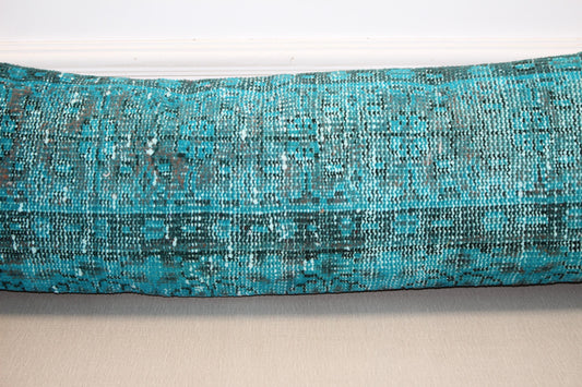 Vintage Turkish Rug Lumbar Pillow, Teal Turquoise Kilim Bench Cushion, Long Boho Bolster Decor