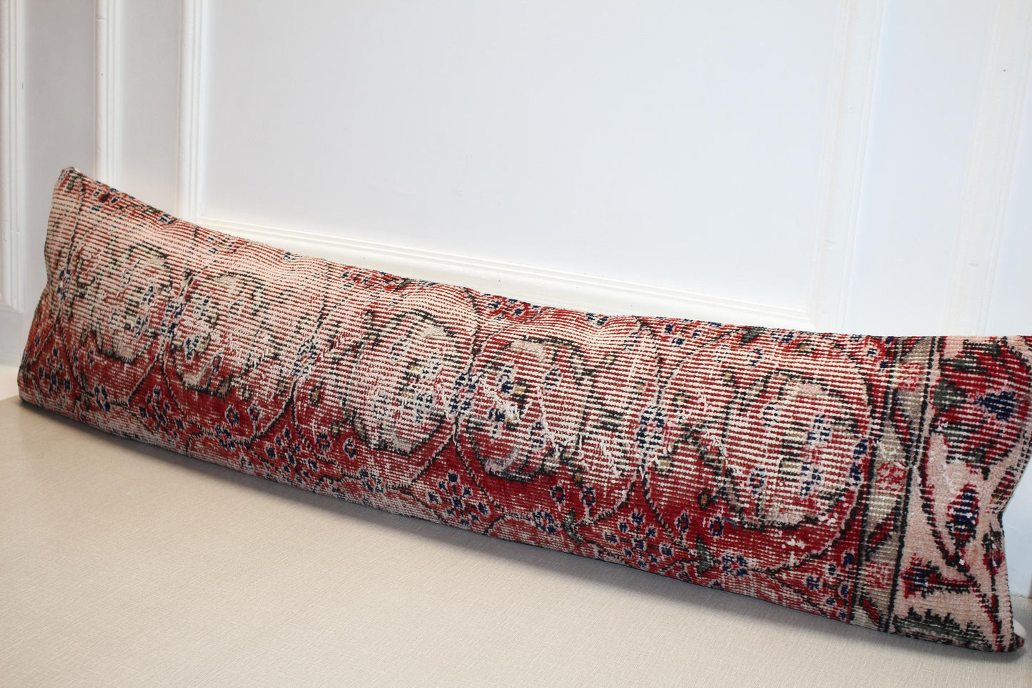Vintage Turkish Kilim Lumbar Pillow Cover – Red Beige Boho Cushion