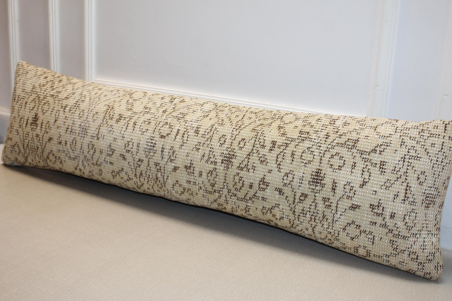 Rug Lumbar Pillow Cover – Beige & Brown Distressed Kilim Pattern Long Cushion, Neutral Boho Home Decor