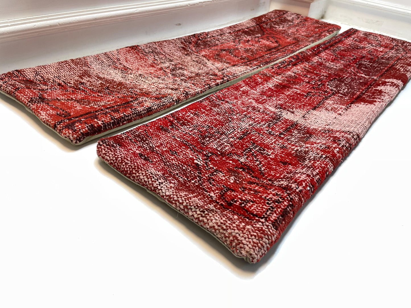 Set of 2-Vintage Turkish Rug Pillow – Distressed Red Kilim Lumbar Cushion Pair