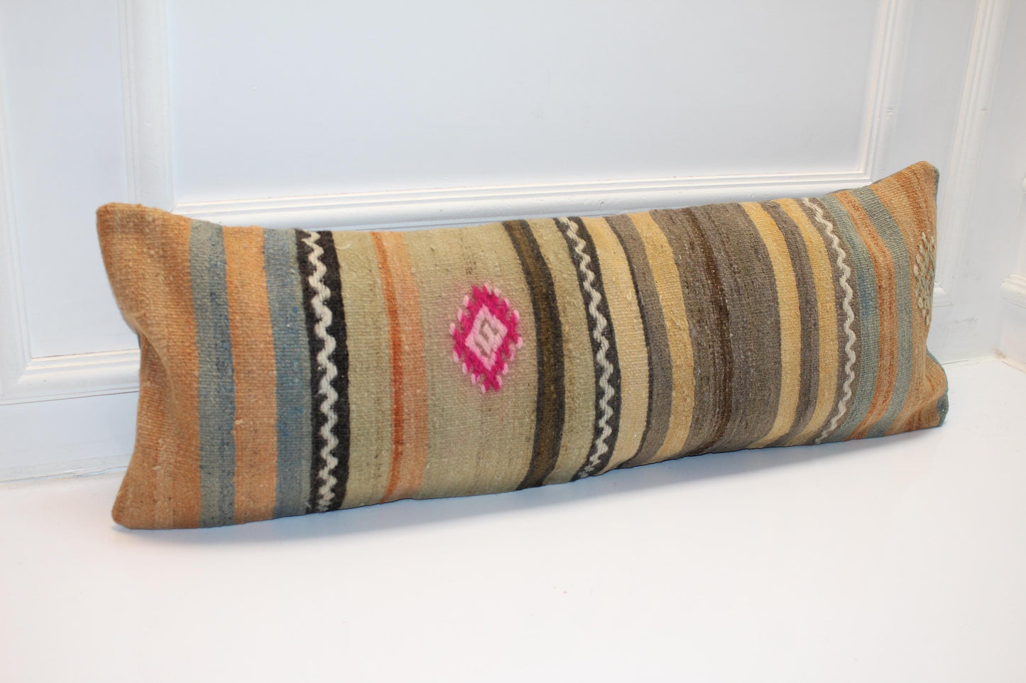 Striped Woven Lumbar Pillow Cover, Earth Tone Kilim Accent (12x36 inch)