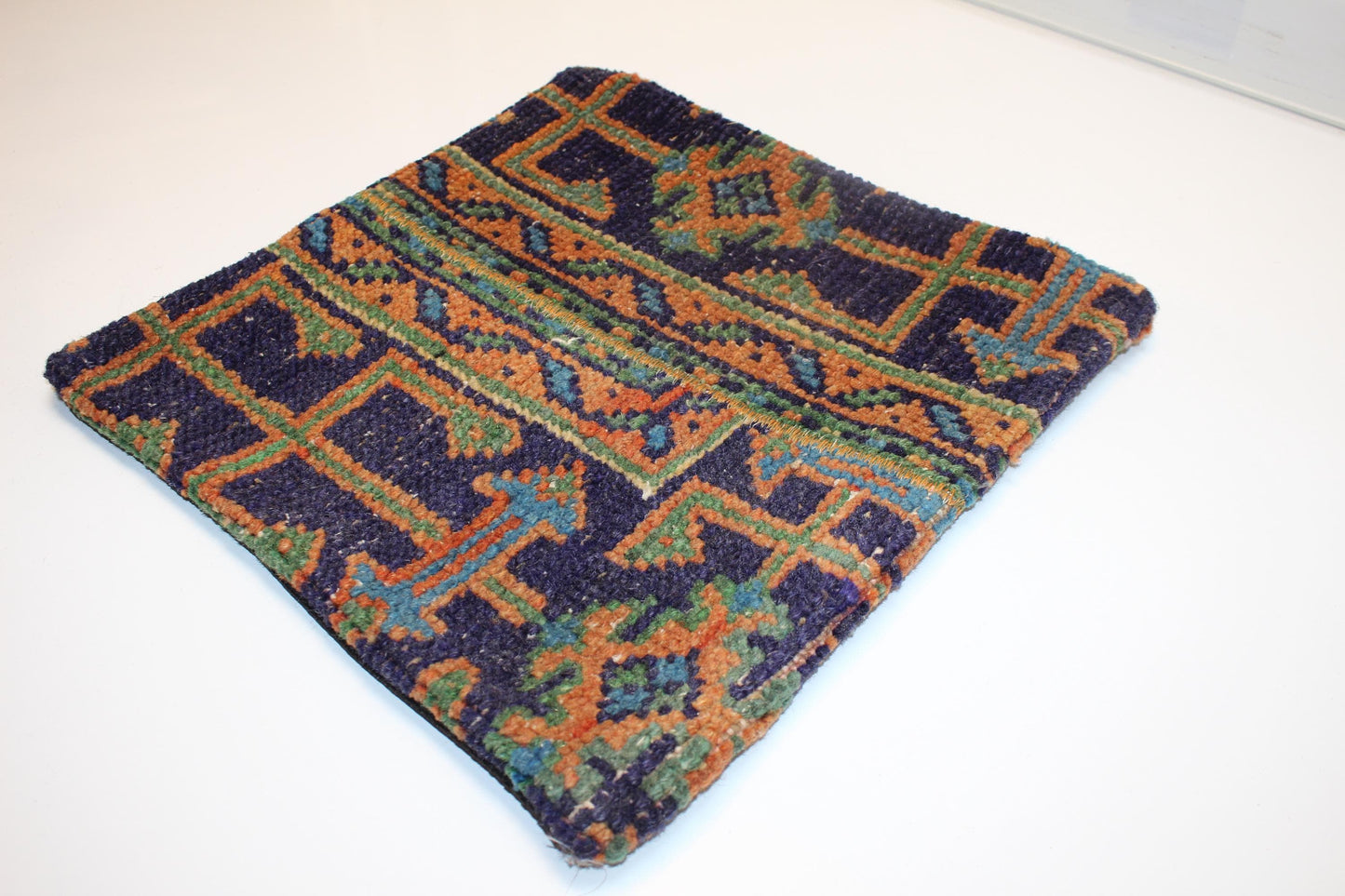 Geometric Woven Textile Accent, Bold Patterned Surface with Layered Motifs, One of a Kind Interior Statement(16x16 in)