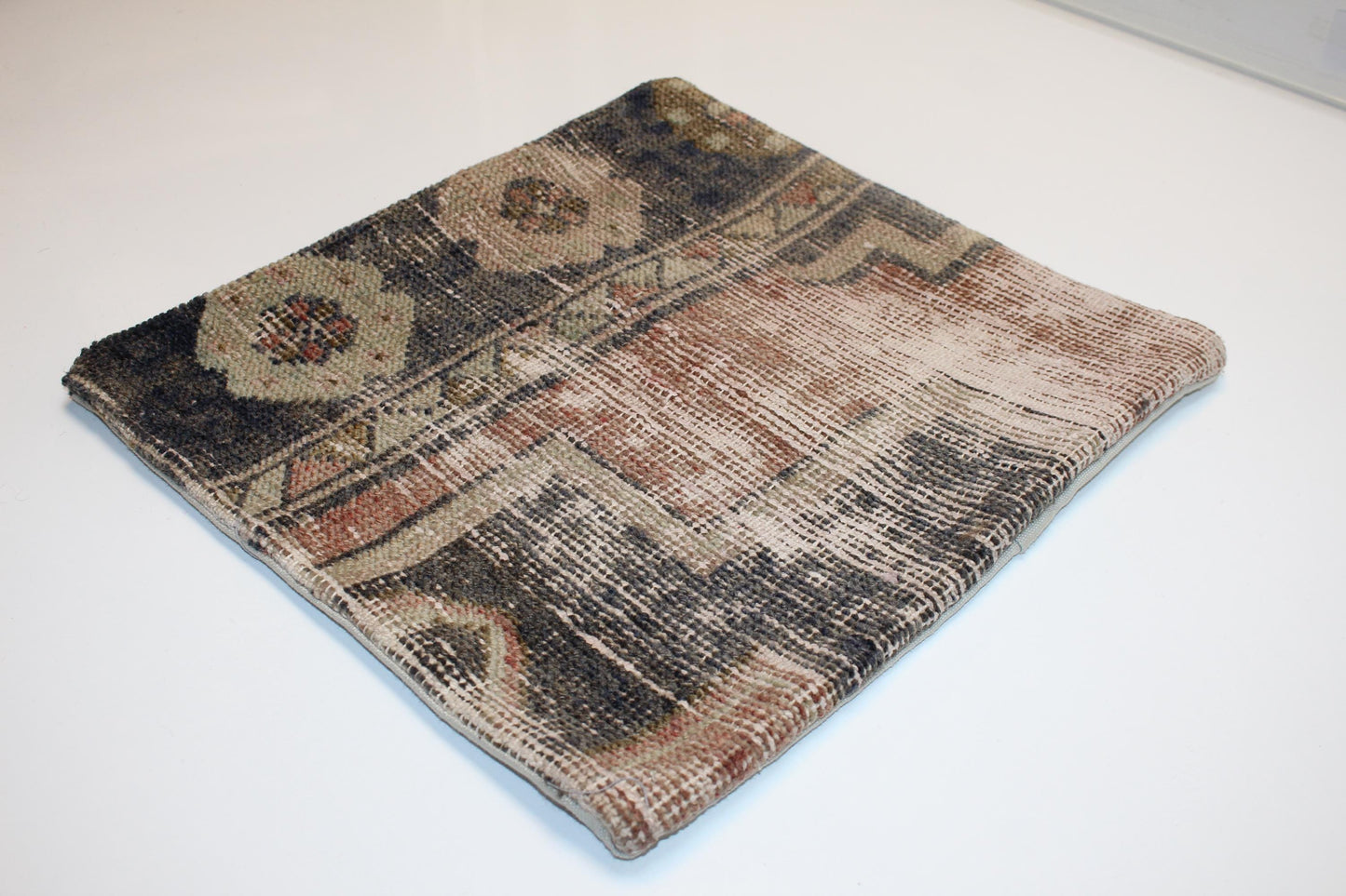 Dual Surface Woven Textile Accent, Softly Faded Motifs with Calm Neutral Balance, One of a Kind Interior Detail(16x16 in)