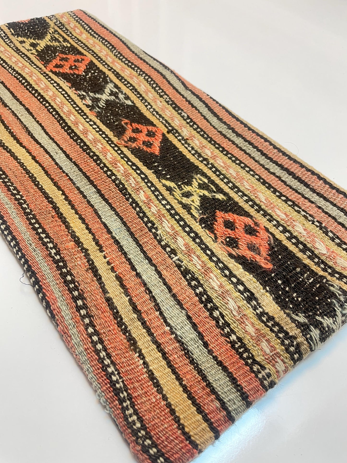 Vintage Turkish Kilim Lumbar Pillow – Tribal Wool Rug Cushion, Boho Rustic (12x24 inch)