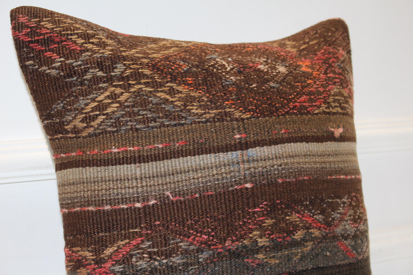 Vintage Turkish Persian Kilim Lumbar Pillow, Brown Rust Striped Woven Cushion, Handmade Rug Pillow Cover, 16x16 inch