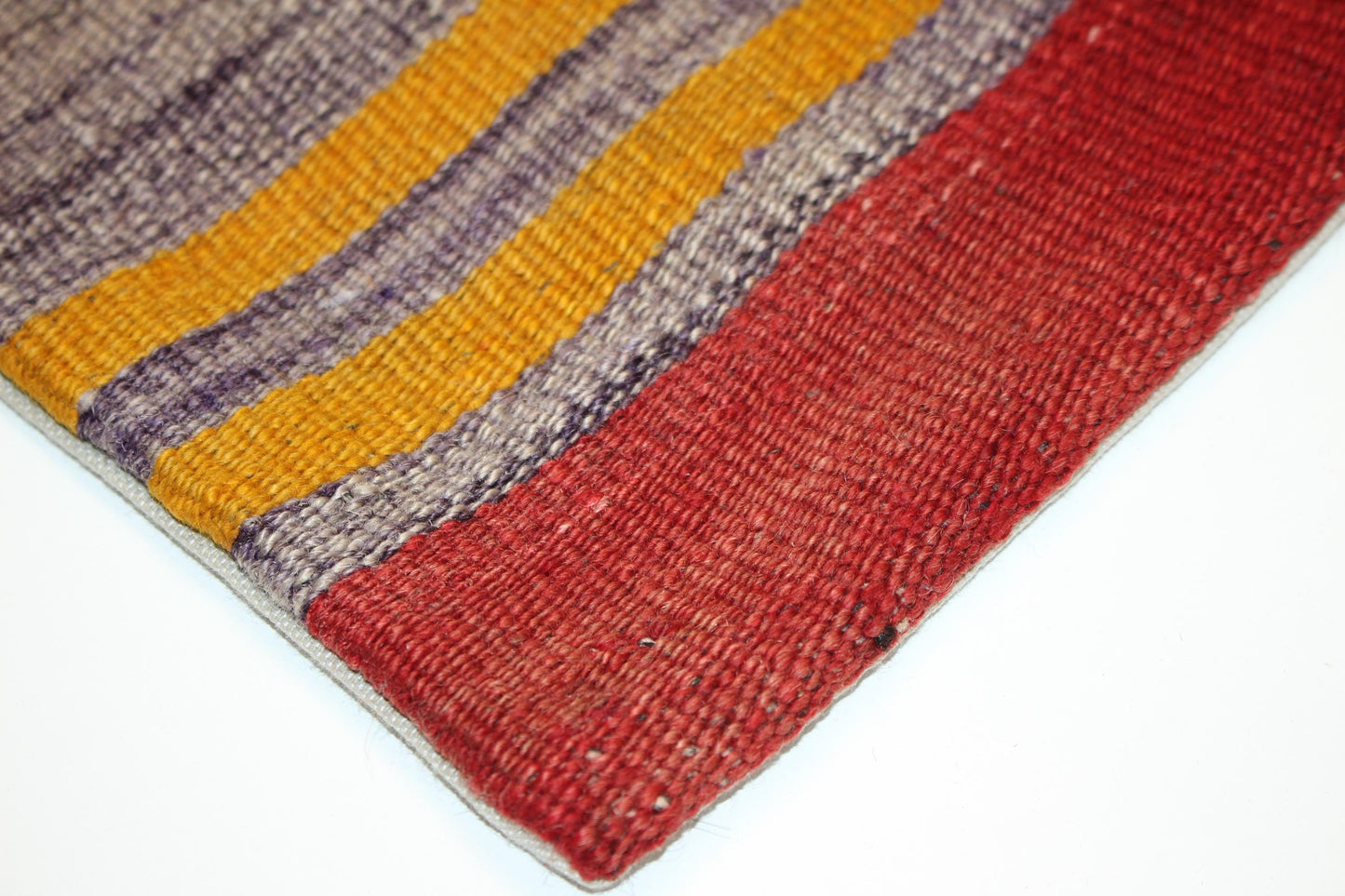 Vintage Turkish Persian Kilim Lumbar Pillow, Red Yellow Purple Striped Woven Cushion, Handmade Rug Pillow Cover, 16x16 inch