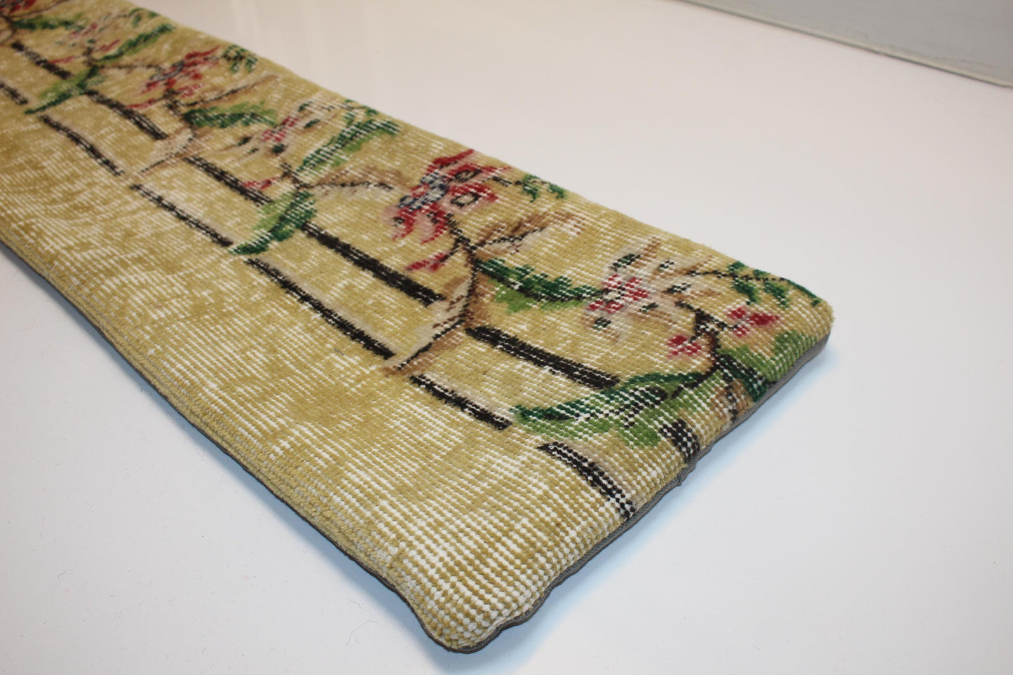 Soft Yellow Floral Vine Pattern with Pastel Accents, Handmade Wool Rug Textile