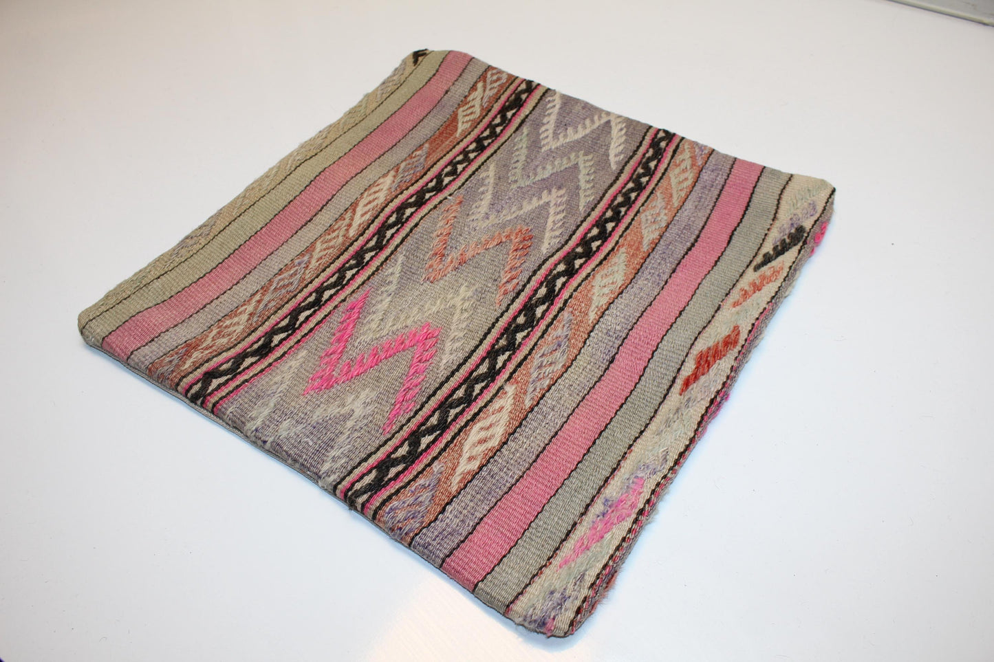 Soft Pink Kilim Pillow – Modern Tribal Weave 16x16 inch