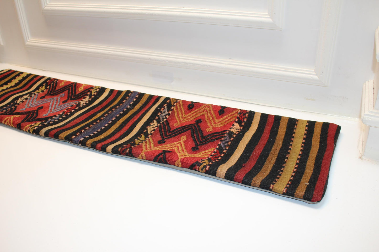 Vintage Turkish Kilim Lumbar Pillow 12x48 – Bold Tribal Bench Cushion