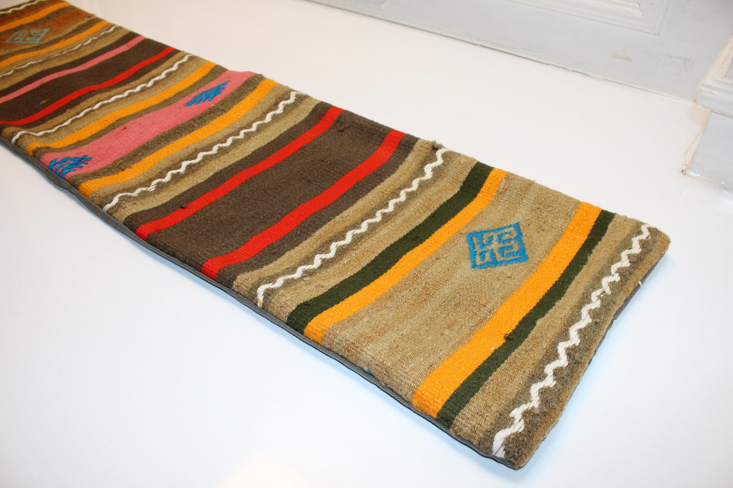 Earthy Striped Kilim Lumbar Pillow 12x48 – Handmade Look Boho Bench Cushion with Tribal Details