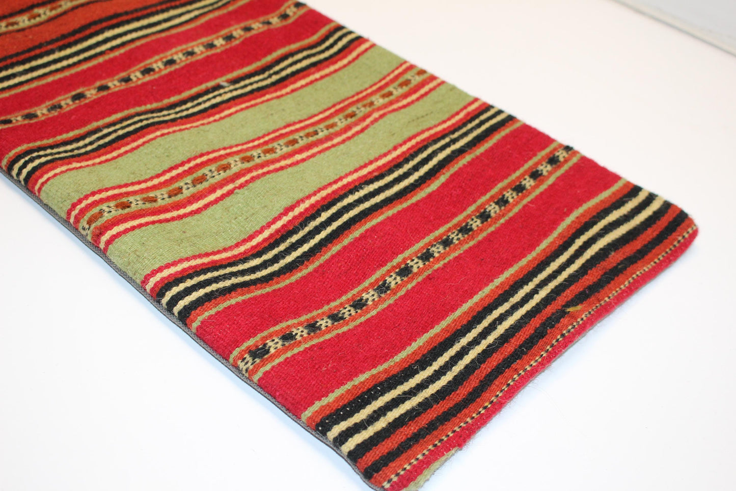 Vintage Turkish Lumbar Pillow – Red & Green Kilim Cushion Cover (12x36 in)