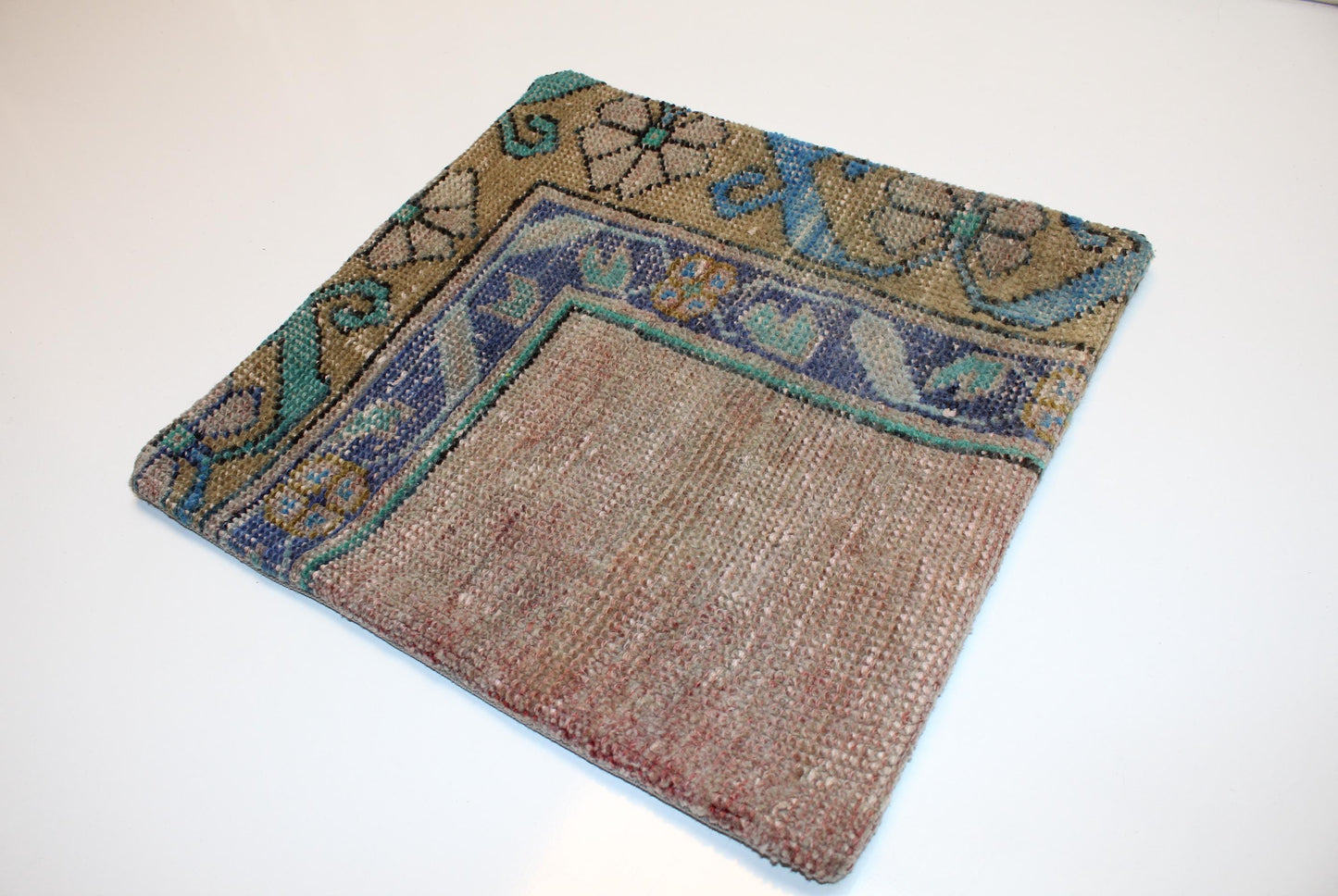 Floral Turkish Kilim Pillow Cover, Blue & Beige Boho Cushion, Soft Rustic Ethnic Home Decor Accent (16x16 in)