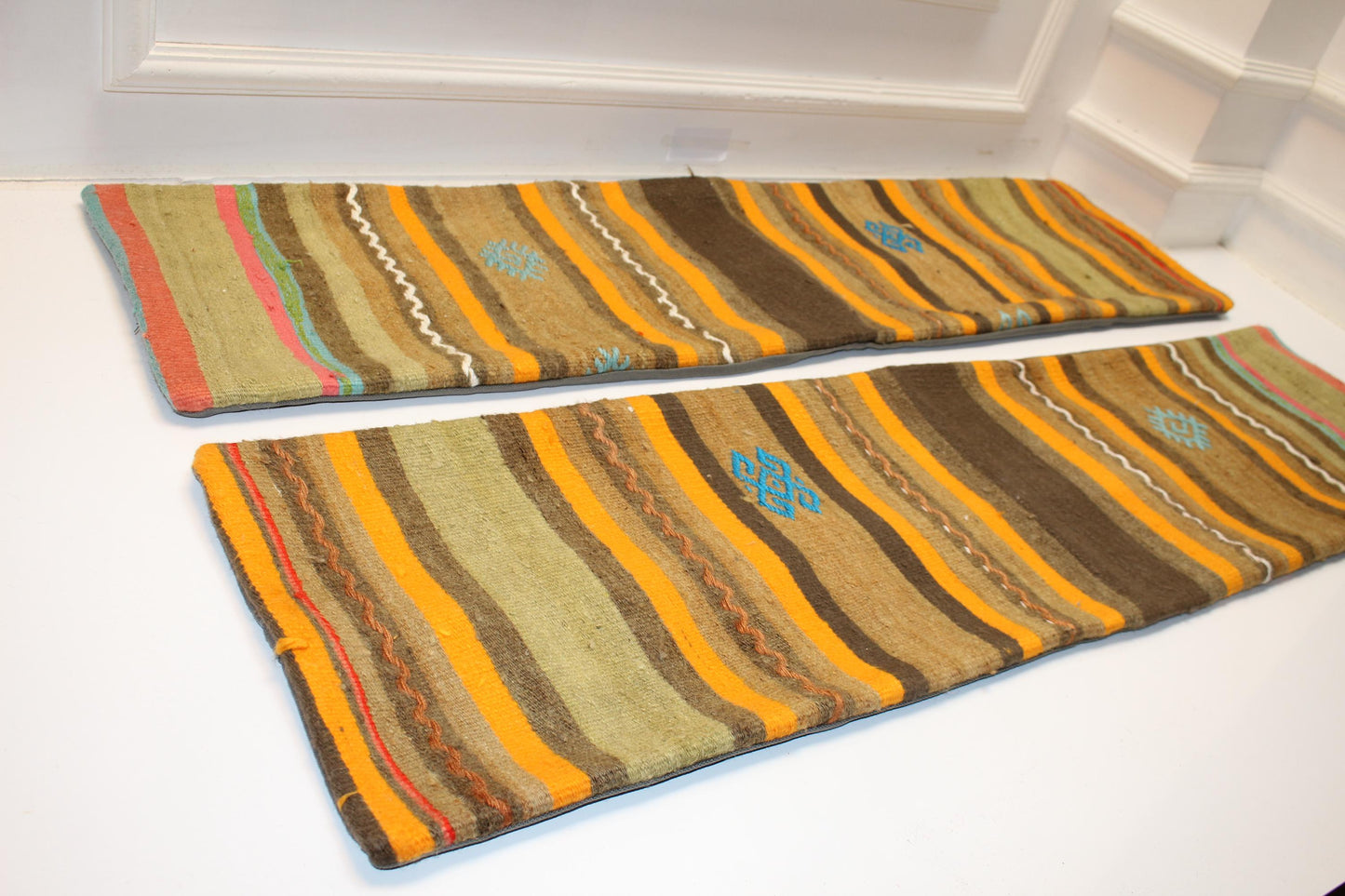 Set of 2 Vintage Turkish Kilim Lumbar Pillows, Striped Tribal Bench Cushions, Boho Ethnic Long Rug Pillow Set (12x48)