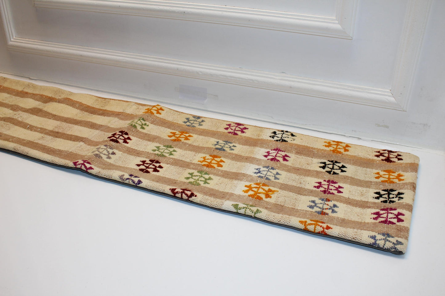 Neutral Striped Bench Cushion with Colorful Motifs, Boho Ethnic Long Rug Pillow(12x48)