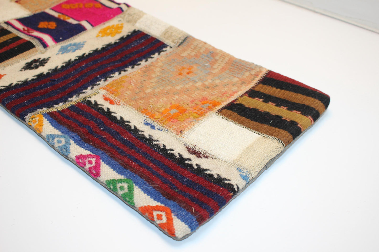 Patchwork Kilim Lumbar Pillow Cover | Tribal Wool Bench Decor (12x36 in)