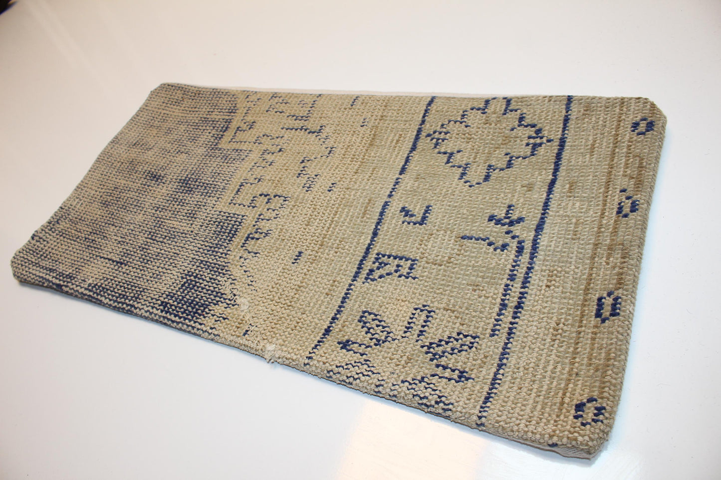 Faded Blue Tribal Rug Cushion, Neutral Anatolian Bench Pillow (12x24 in)