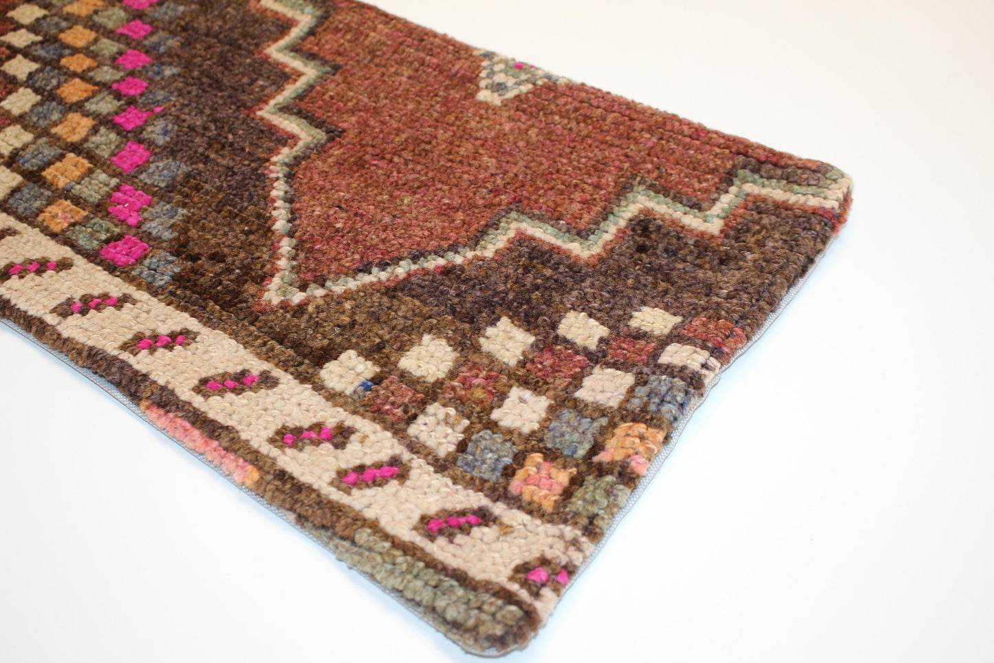 Vintage Turkish Kilim Lumbar Pillow – Brown Pink Checkered Boho Cushion, 12x24