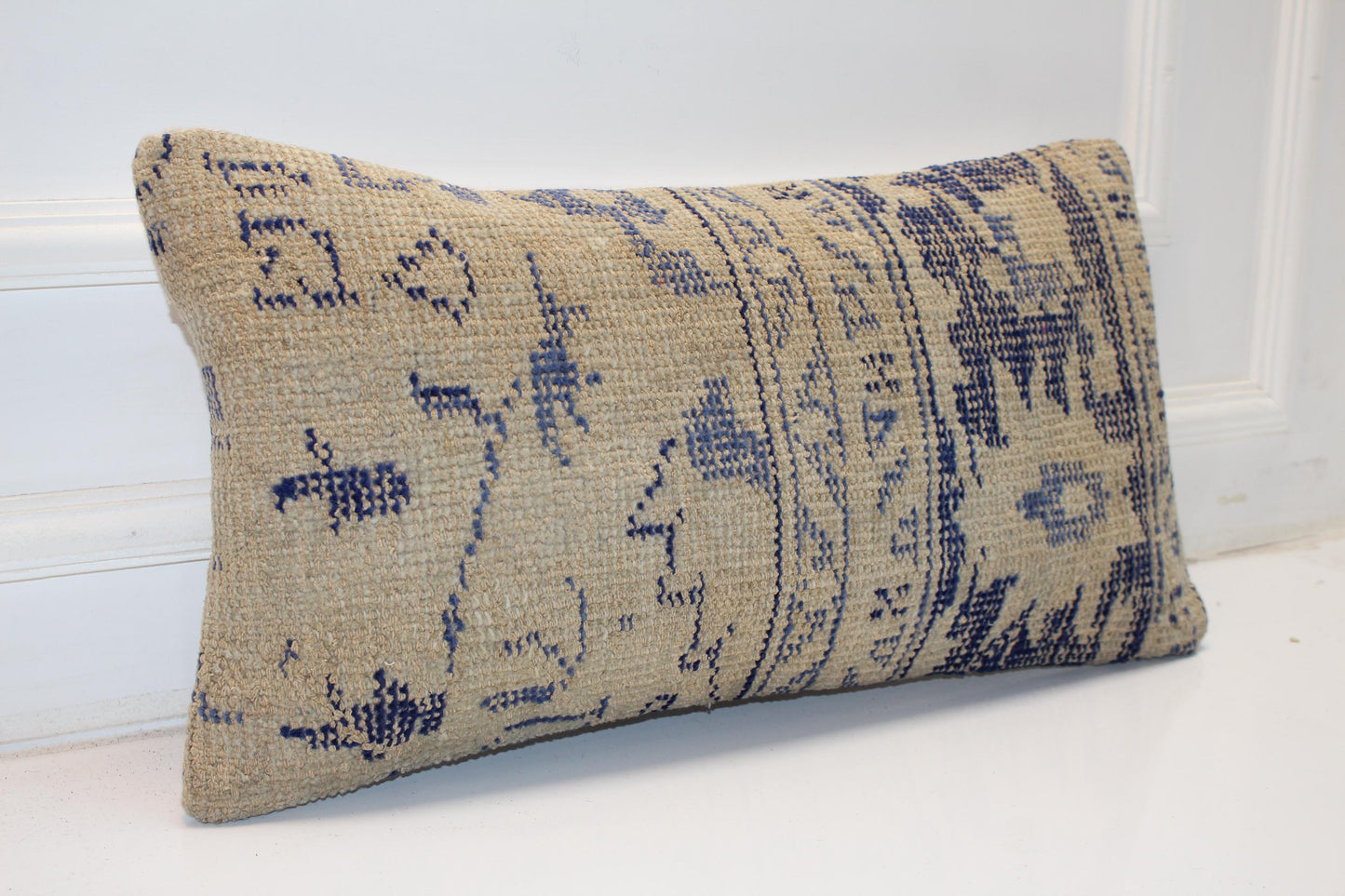 Indigo Blue Anatolian Rug Cushion, Minimal Tribal Bench Pillow Decor(12x24 in)