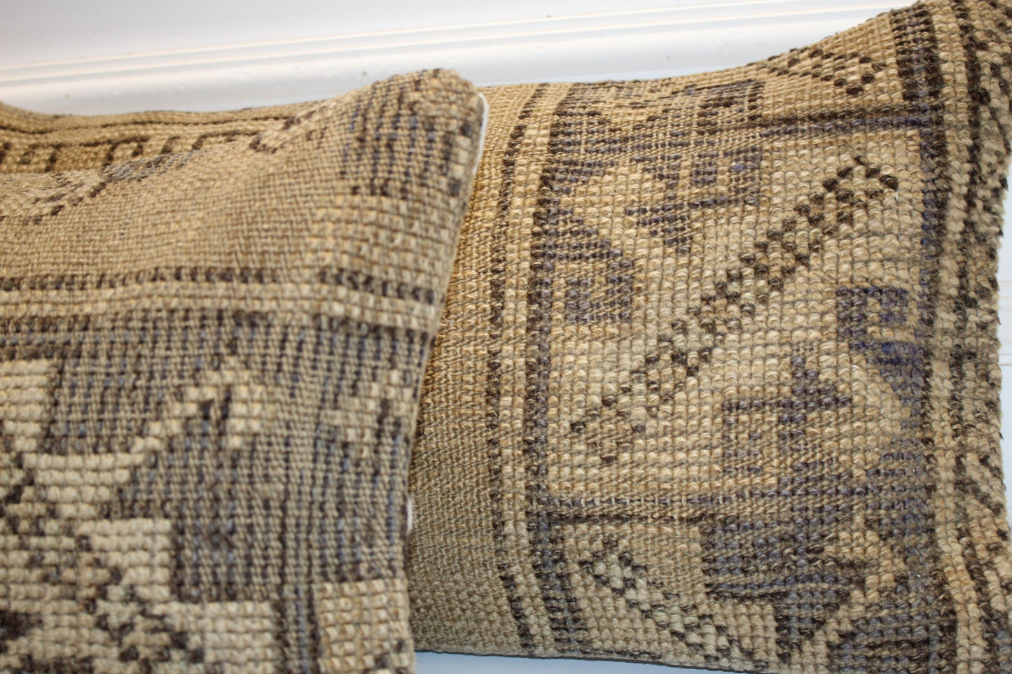 Set of 2 Muted Geometric Anatolian Rug Cushions in Earthy Neutrals for Bench(12x24 in)