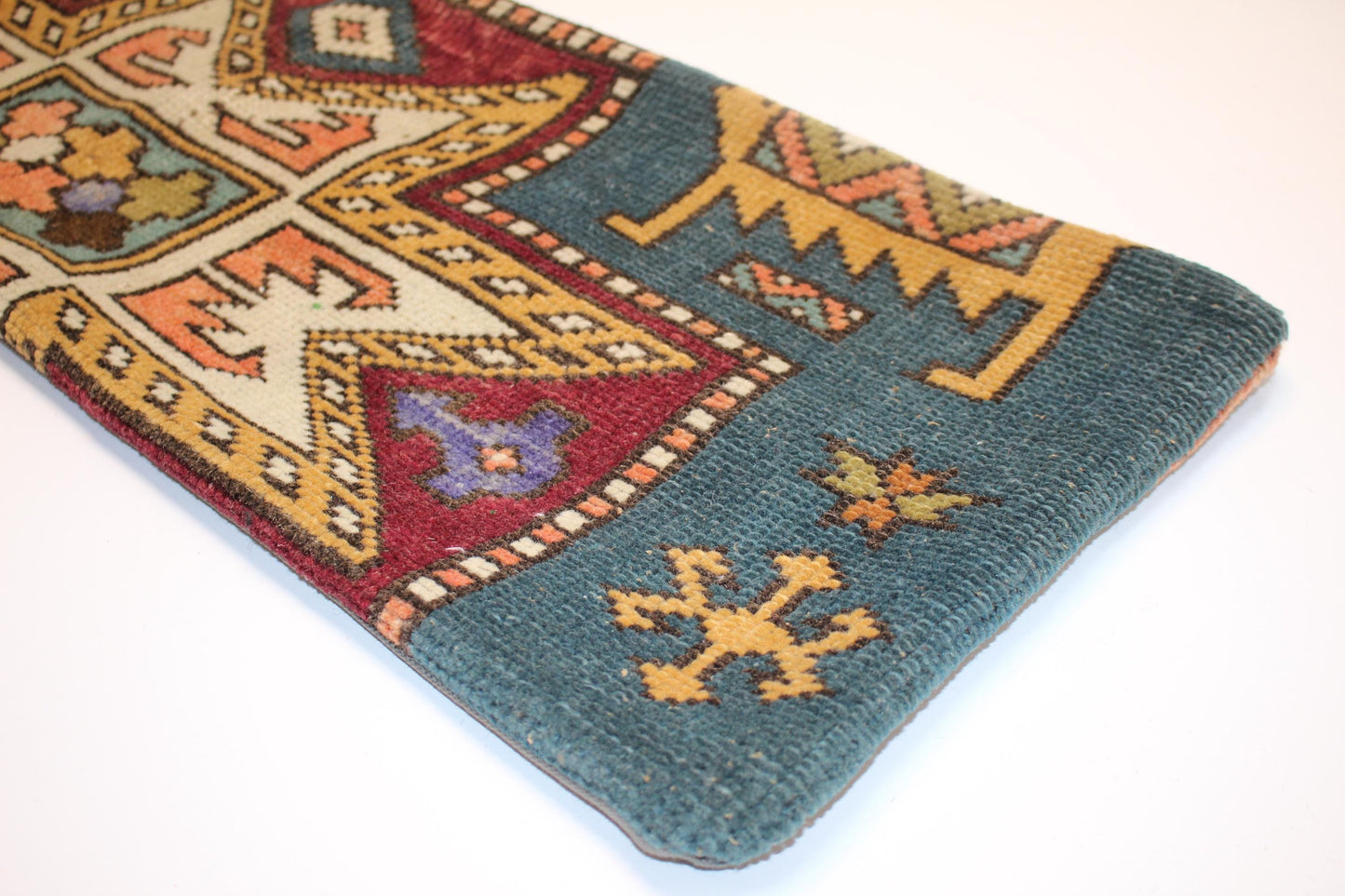 Vintage Turkish Kilim Lumbar Pillow Cover, Petrol Green Geometric Cushion (12x36 in)