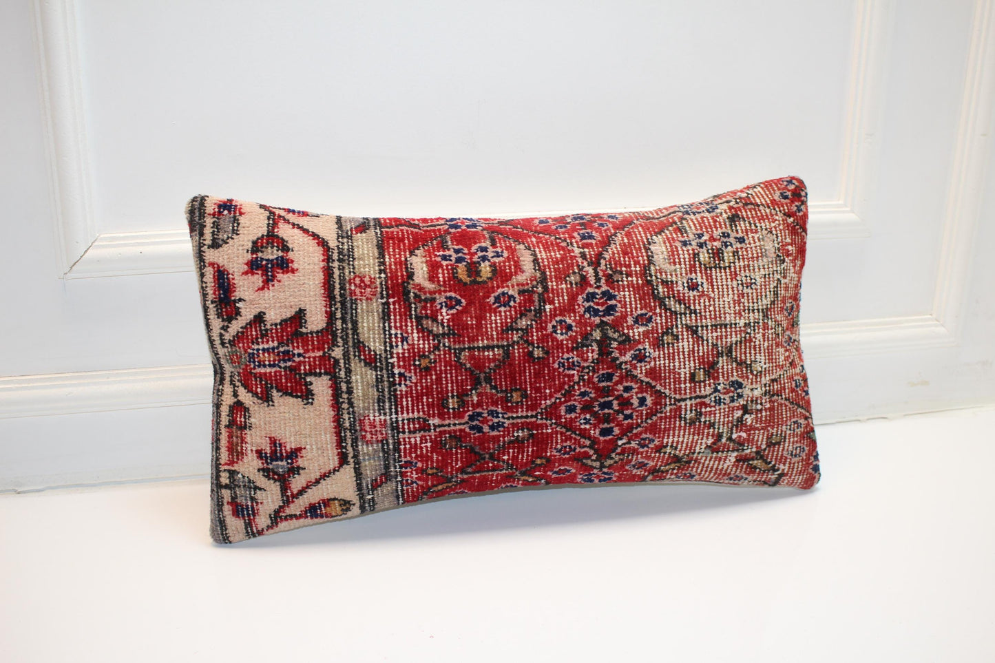 Vintage Turkish Rug Pillow, Red Floral Kilim Lumbar Cushion (12x24 inch)