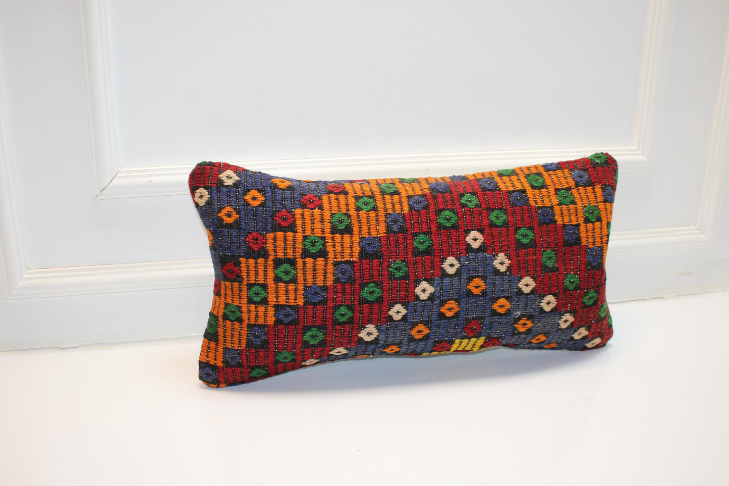 Vintage Turkish Kilim Lumbar Pillow Cover, Geometric Woven Wool, 12x24 inch