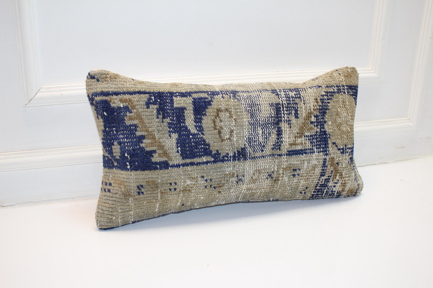 Handmade Turkish Kilim Lumbar Pillow, Beige Blue Woven Rug Cushion 12x24