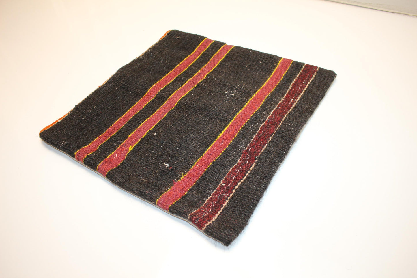 Vintage Turkish Kilim Pillow Cover, Black Striped Anatolian Rug Cushion, Rustic Boho Ethnic Accent Pillow(16x16 in)