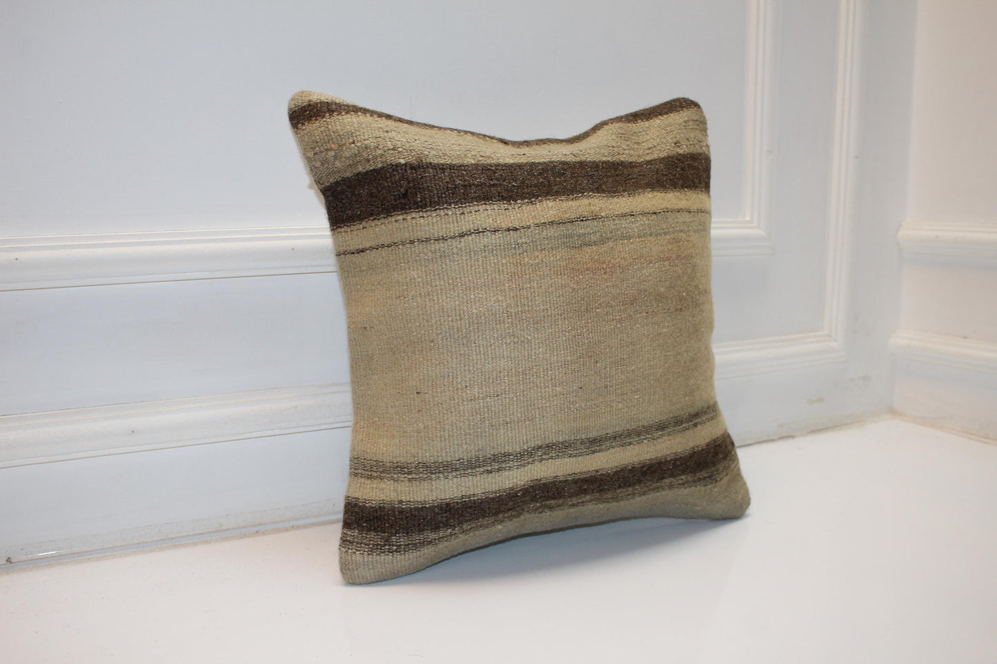 Vintage Turkish Kilim Pillow Cover in Beige and Brown Tones, Neutral Anatolian Rug Cushion with Earthy Stripes (16x16 in)