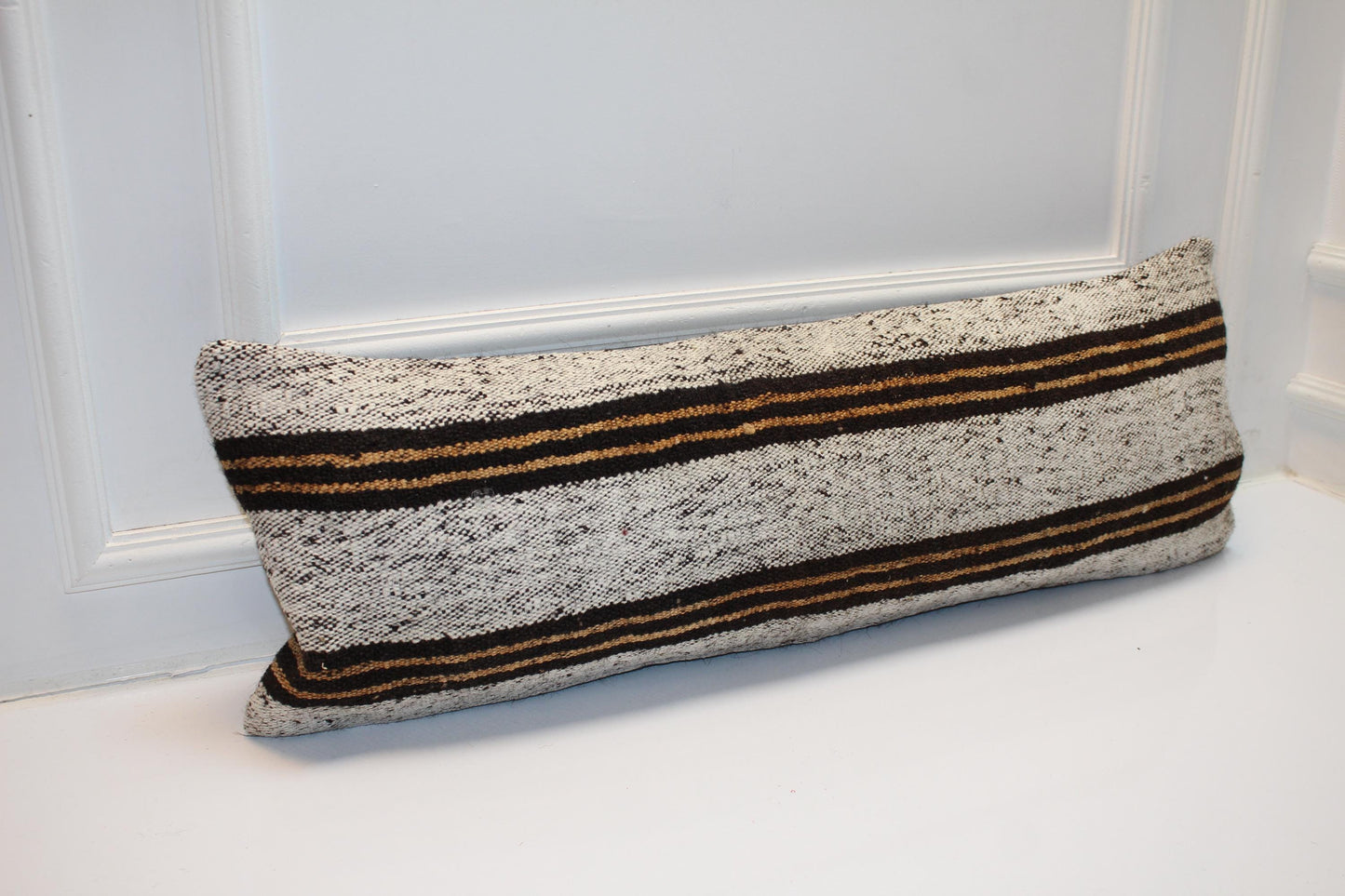 Handmade Striped Kilim Lumbar Pillow Cover, Cream & Black (12x36 inch)