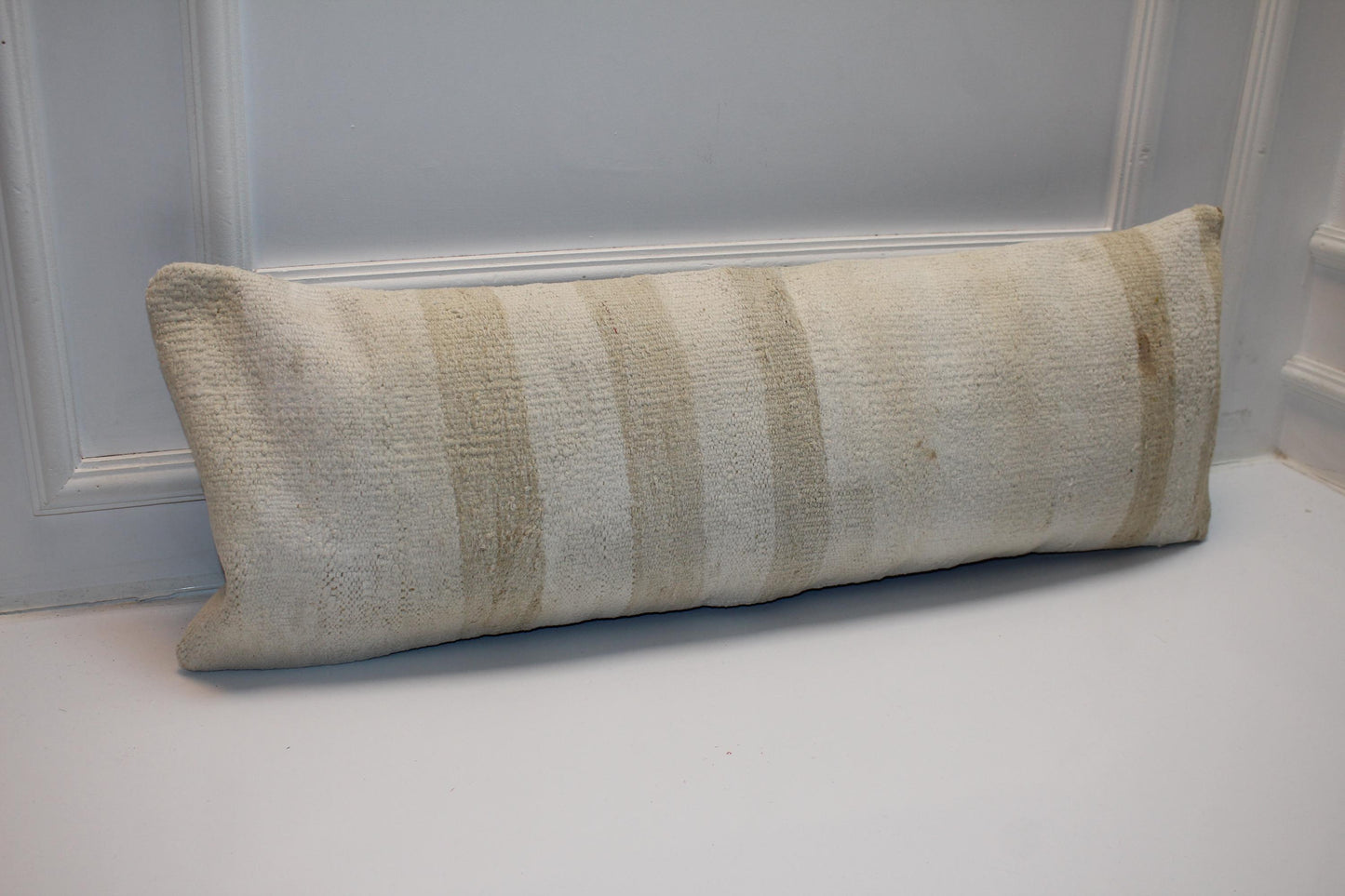 Handmade Cream Kilim Lumbar Pillow Cover, Woven Texture (12x36 inch)