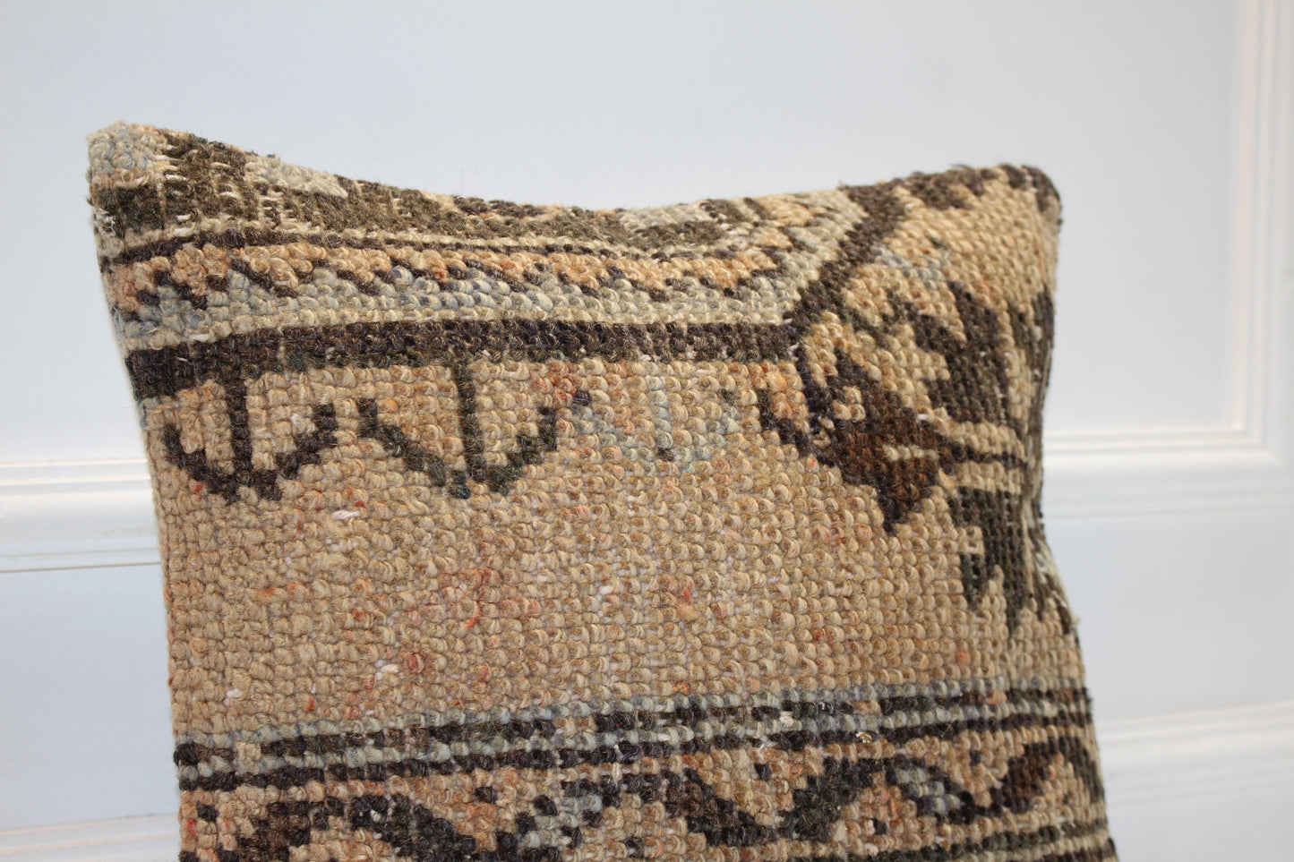 Vintage Turkish Persian Kilim Lumbar Pillow, Neutral Brown Tribal Woven Cushion, Handmade Rug Pillow Cover, 16x16 inch