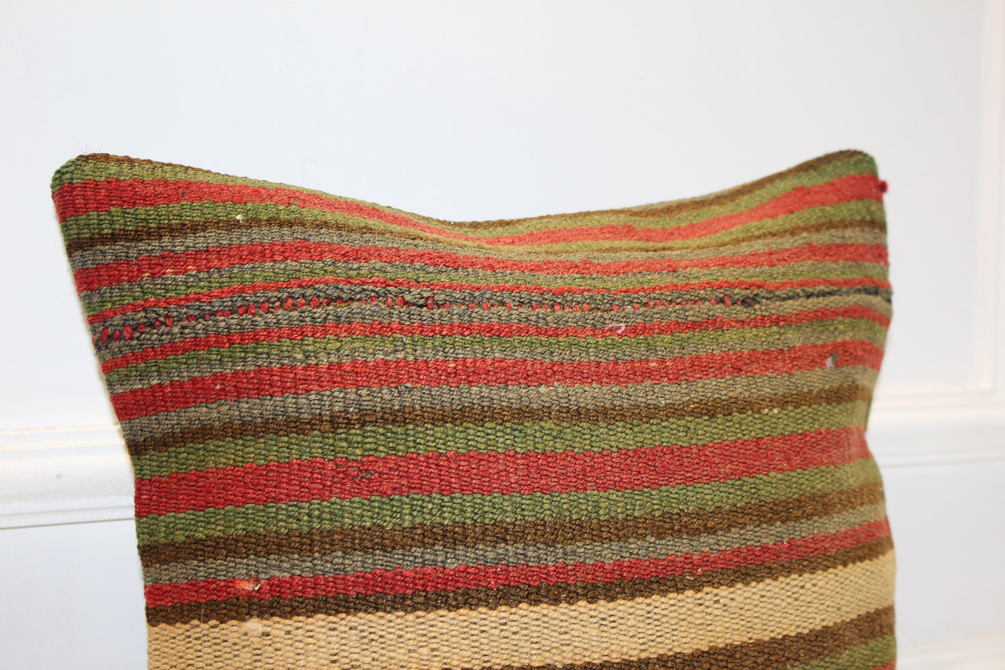 Vintage Turkish Persian Kilim Lumbar Pillow, Green Red Striped Woven Cushion, Handmade Rug Pillow Cover, 16x16 inch