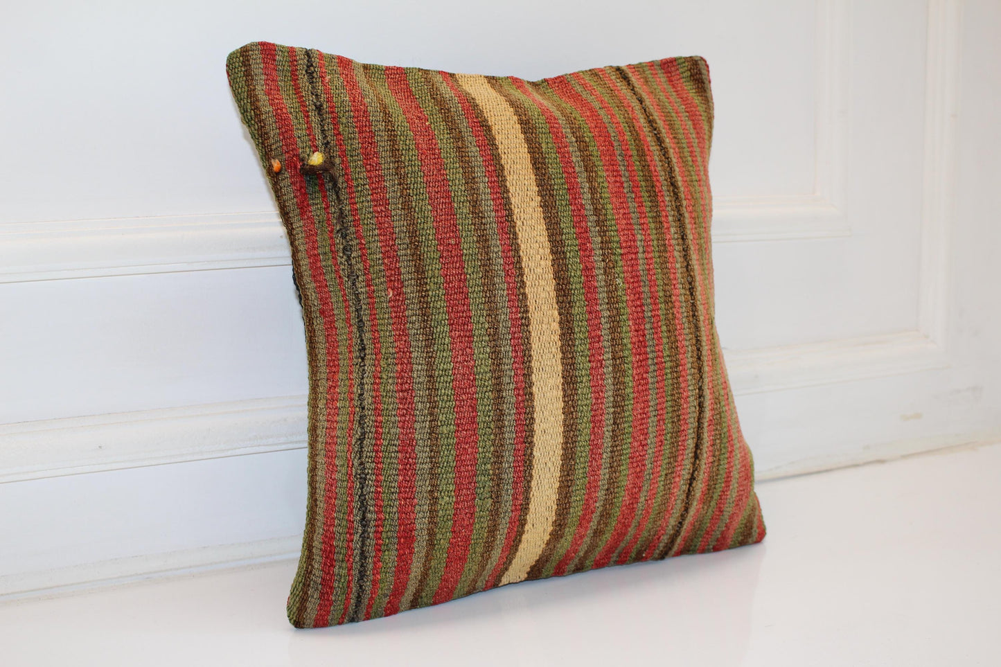 Vertical Striped Kilim Cushion, Earth Tone Boho Decor, Handmade Anatolian Rug Pillow(16x16 in)