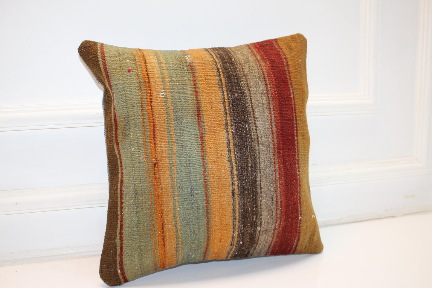 Striped Anatolian Rug Cushion, Boho Rustic Decor, Earth Tone Handmade Kilim Pillow (16x16 in)