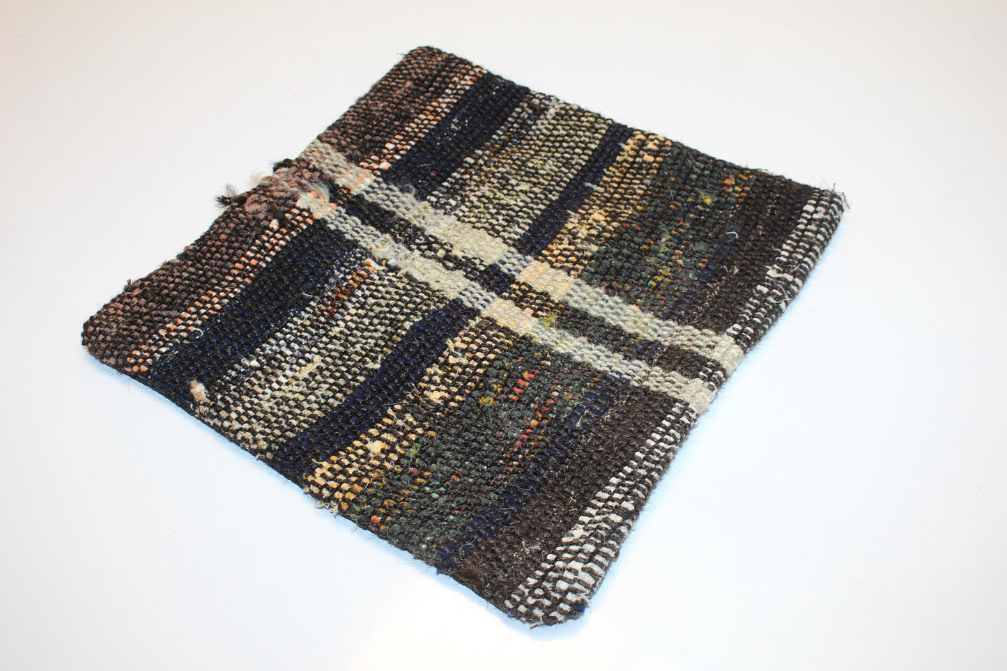 Turkish Rug Cushion with Rustic Plaid Pattern, Moody Boho Farmhouse Decor 12x12 inch