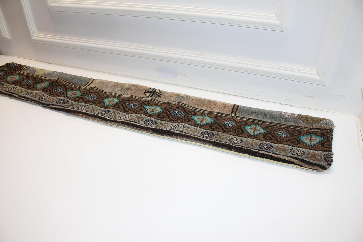 Long Tribal Rug Bench Cushion with Teal Geometric Motifs, Rustic Boho Entryway Decor