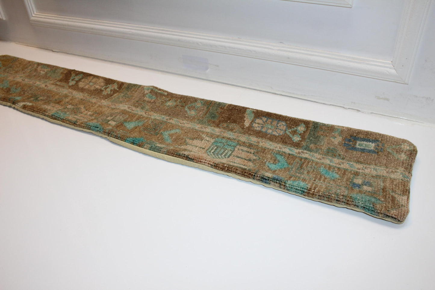 Long Antique Rug Bench Cushion with Soft Teal Motifs, Neutral Boho Entryway Decor