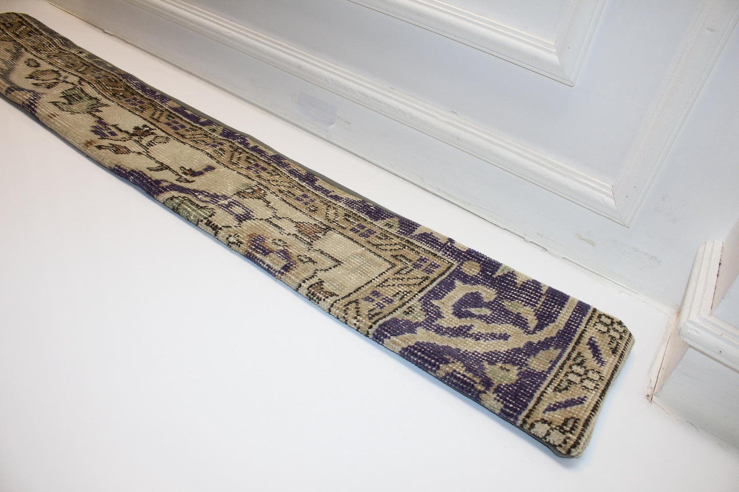 Long Antique Rug Bench Cushion with Soft Purple Motifs, Neutral Boho Entryway Decor