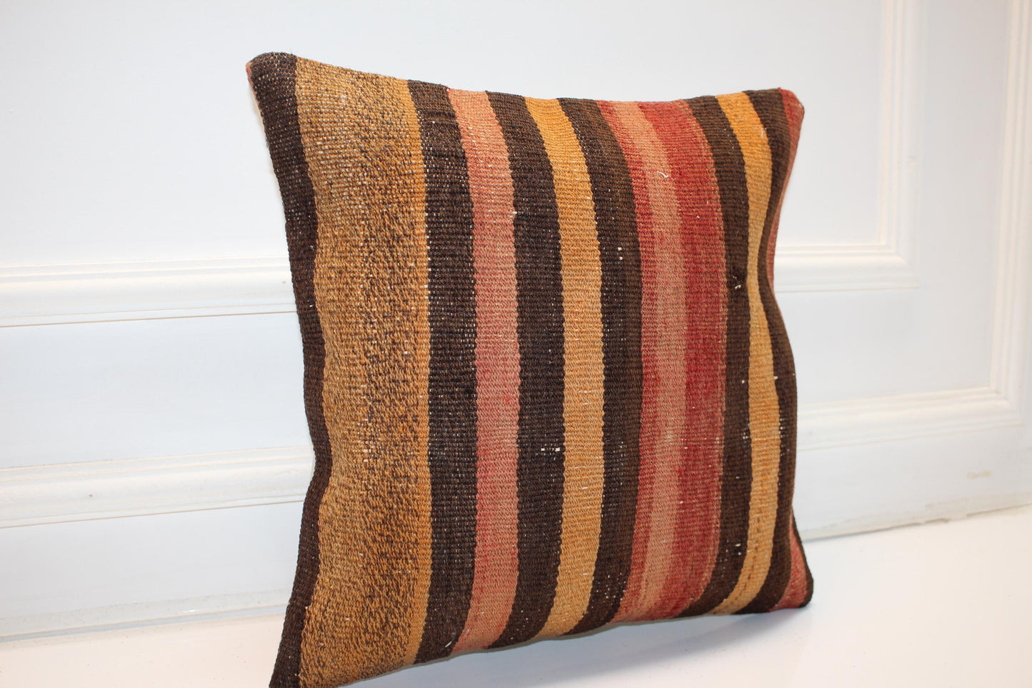Warm Striped Cushion, Handmade Anatolian Rug Pillow, Earth Tone Boho Home Decor(16x16 in)
