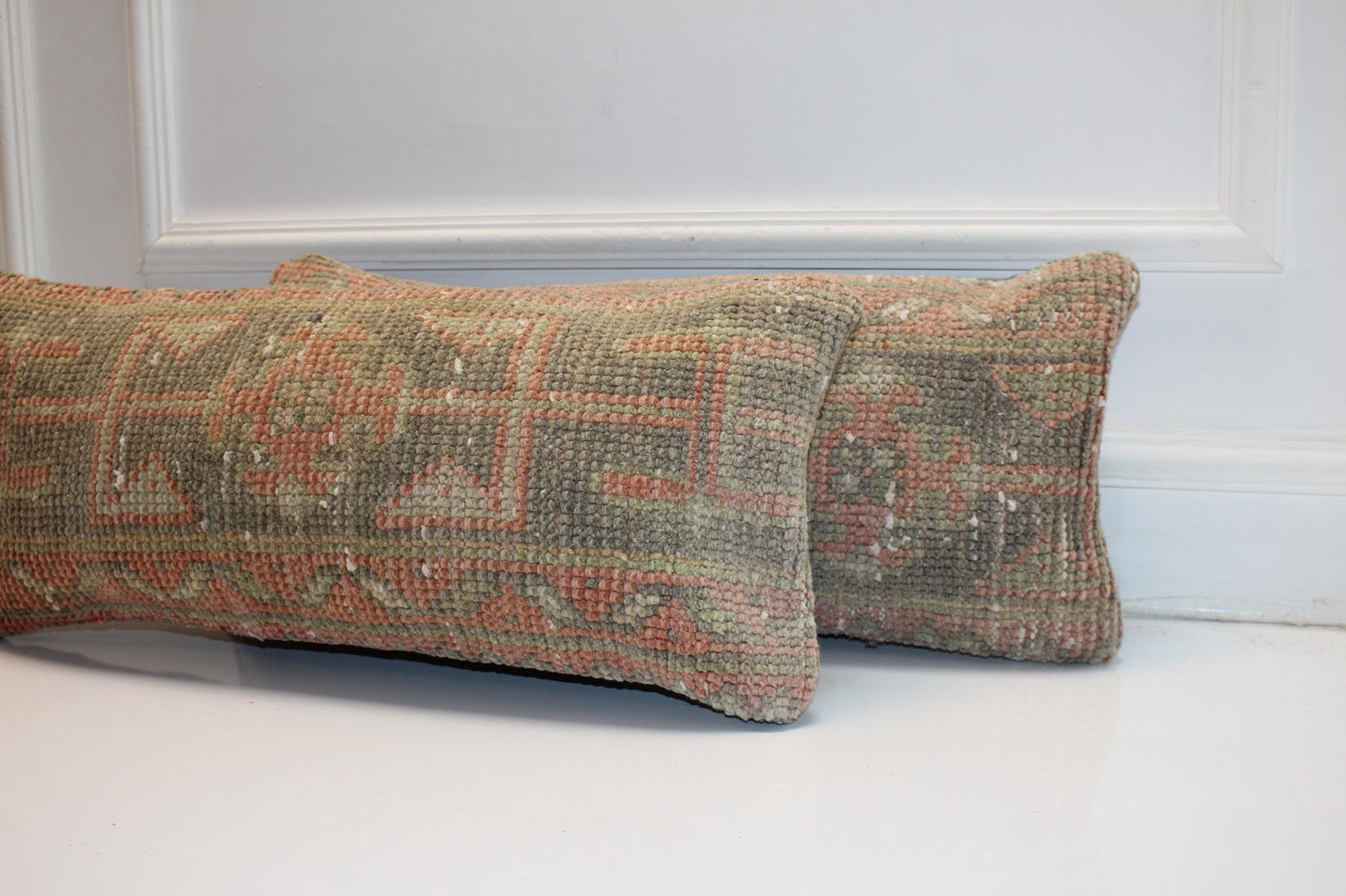 Set of 2-Soft Sage Green & Blush Pink Anatolian Rug Style Bench Cushions
