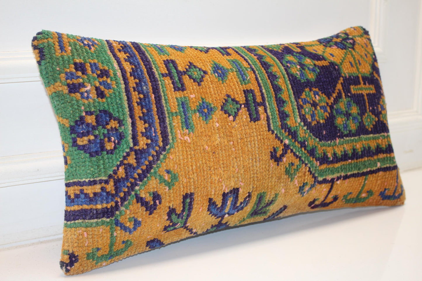 Mustard Ground Anatolian Pattern Cushion with Green Blue Motifs for Bench Decor(12x24 in)