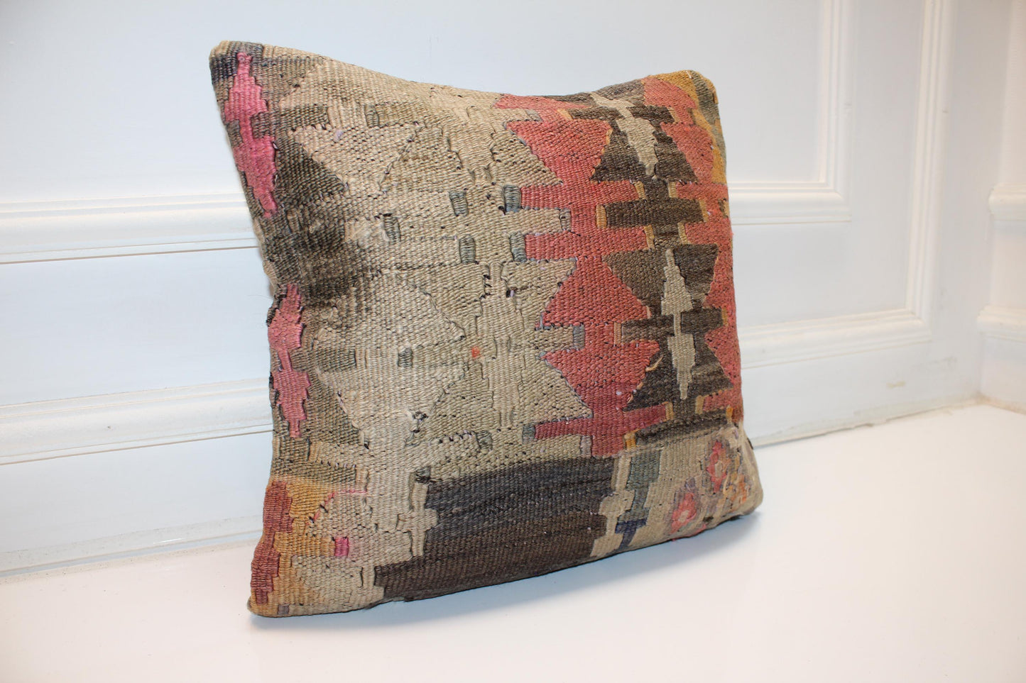 Geometric Boho Cushion, Anatolian Tribal Kilim Pillow, Earth Tone Rustic Home Decor(16x16 in)