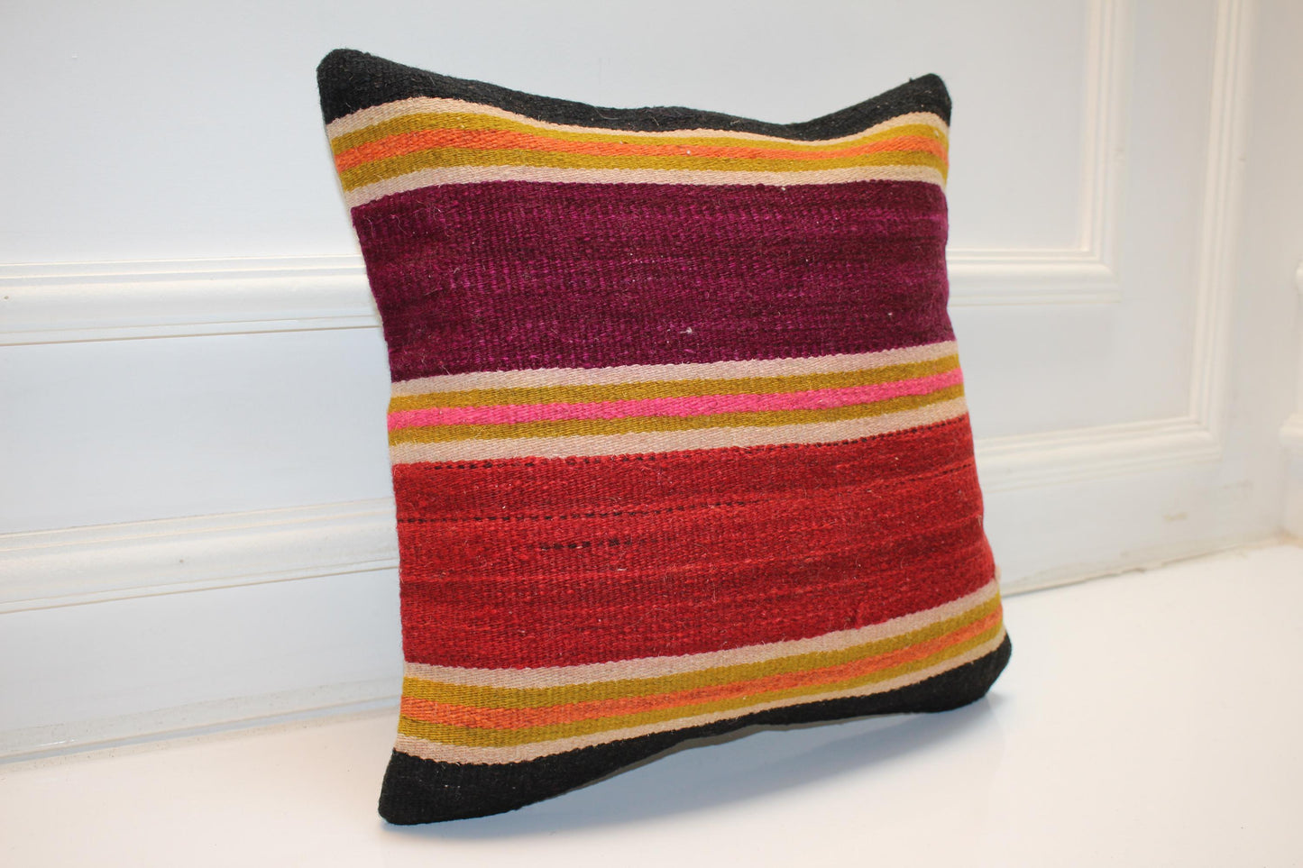 Color Block Striped Cushion, Bold Handwoven Boho Pillow, Vibrant Ethnic Home Accent(16x16 in)