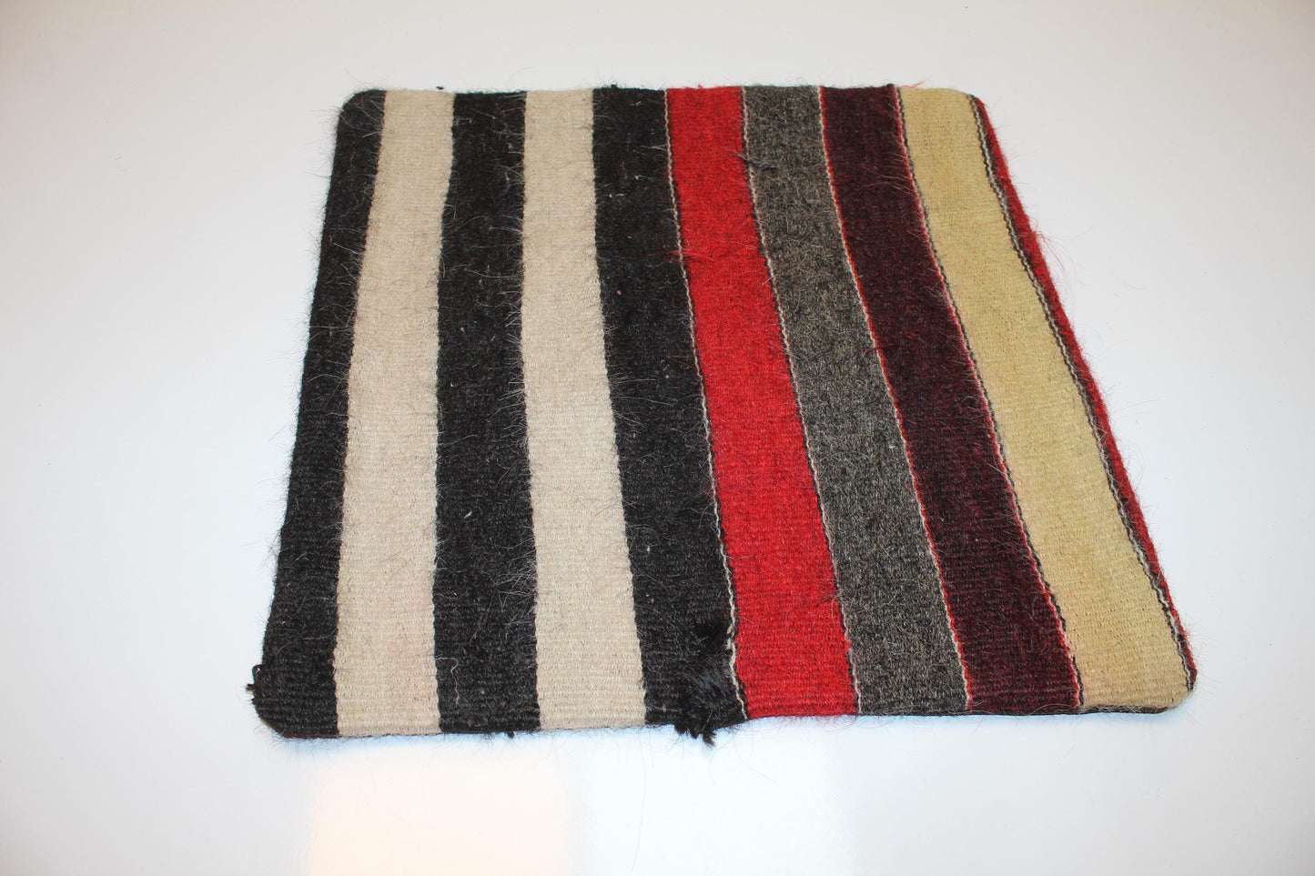Vintage Turkish Kilim Pillow Cover with Black, Cream, Red and Charcoal Stripes, Neutral Anatolian Rug(16x16 in)