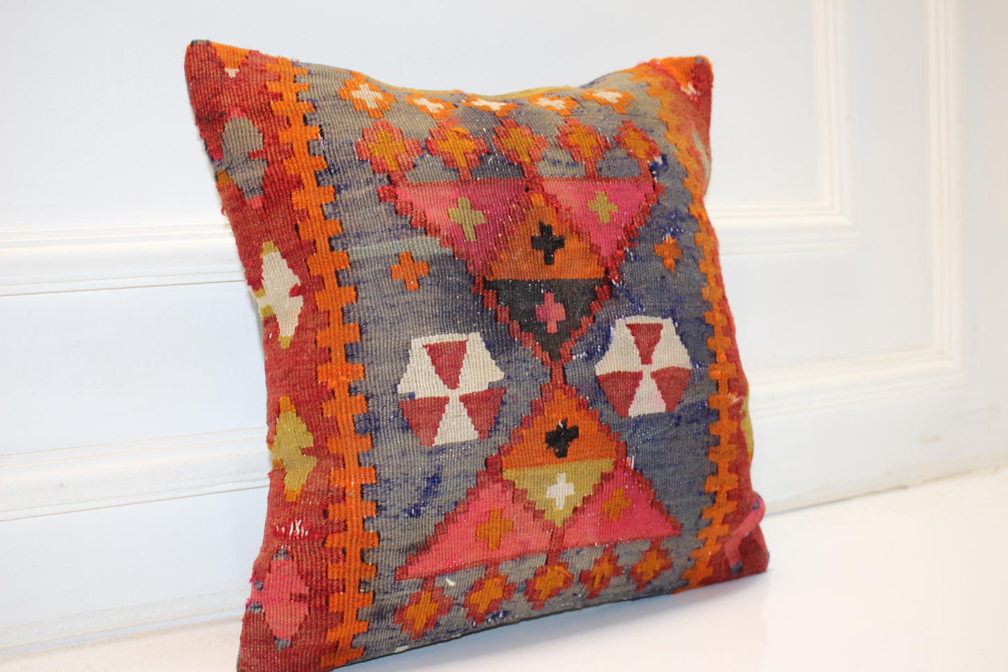 Handwoven Anatolian Rug Cushion, Boho Ethnic Home Decor, Rustic Sofa Accent Pillow(16x16 in)