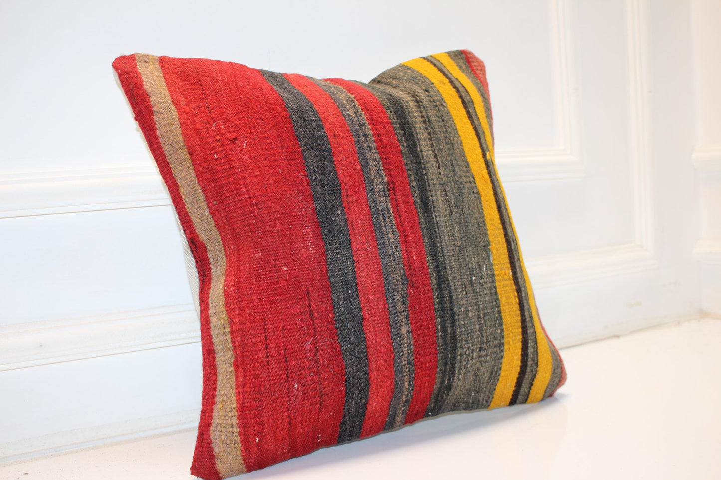 Bold Striped Nomadic Cushion, Red Yellow Tribal Textile Accent for Sofa(16x16 in)