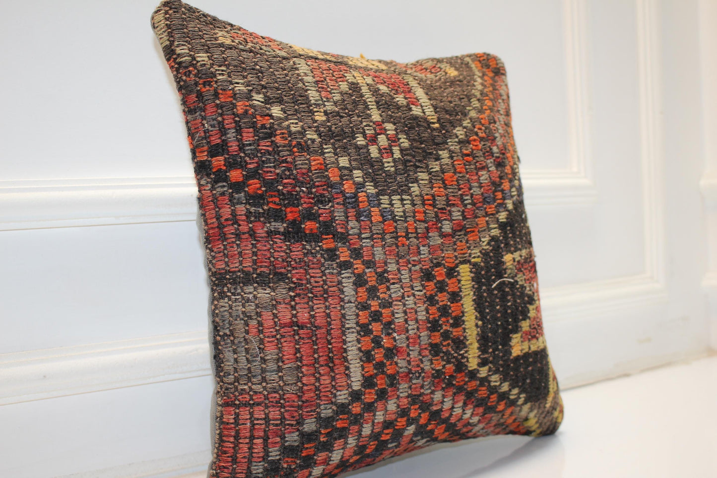 Handwoven Anatolian Rug Cushion, Dark Tribal Boho Decor, Rustic Ethnic Home Accent(16x16 in)